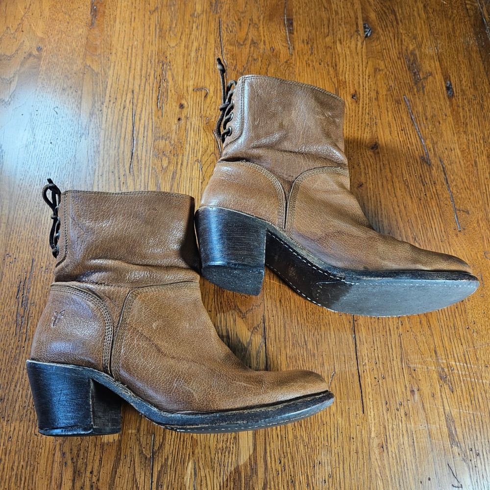 Frye Carmen Leather Boots Back Lace Up Block Heel Brown Ankle Booties Womens 7.5 - Picture 4 of 12